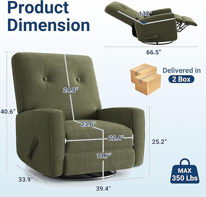 GarveeHome Recliner Chairs, Swivel Rocker Recliner, Glider Recliner Nursery Chair for Adults, 360° Swivel Glider Rocking Chair for Living Room, Bedroom, Office, RV, Small Spaces, Corduroy, Green
