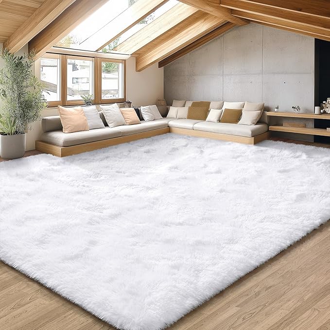 EVOIONOS 9x12 Washable Large Area Rug for Living Room, Fluffy Shag Rug for Bedroom, Ultra Soft Plush Non Slip Carpet for Indoor Floor Bedside Nursery Kids Girls Room Dorm, Home Decor Aesthetic, White