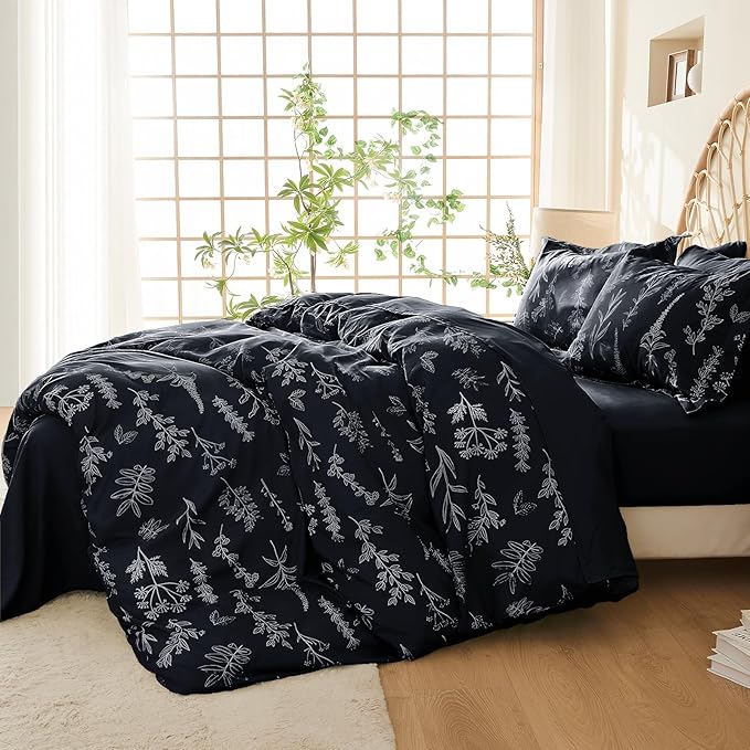 MUXHOMO Duvet Cover Queen Size, Reversible Floral Black Duvet Cover Set with Zipper Closure, 3 Pieces Botanical Patterns Soft Microfiber Bedding Set with 4 Ties (90"x90", 2 Pillow Cases)