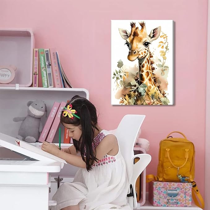 Woodland Animal Wall Art Set of 3, Wild Animals Nursery Picture Wall Decor Canvas, Cute Giraffe Elephant Zebra Watercolor Poster Print Artwork for Boys Girls Room Decoration – 12x16 inch