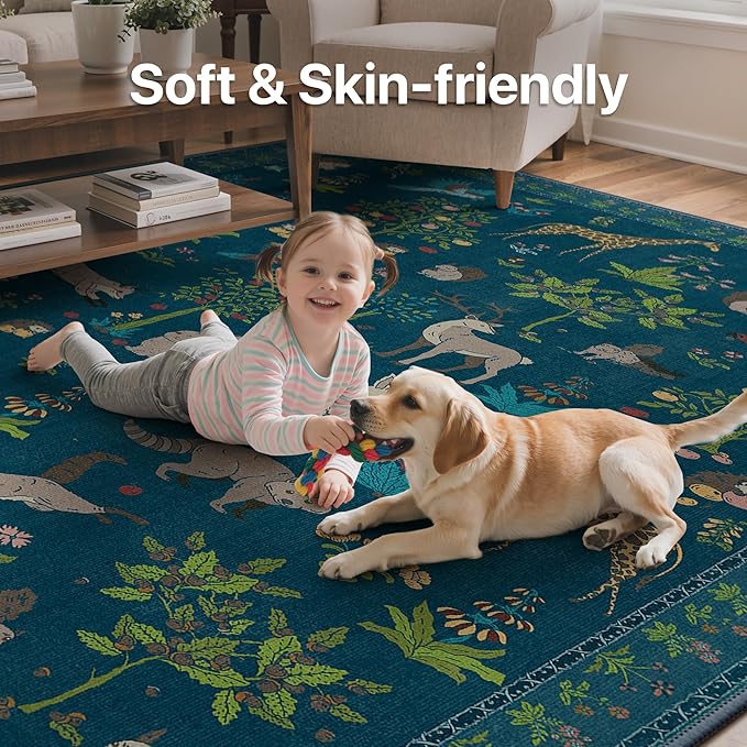Rugs for Living Room 5x7 Floral Animal Print Area Rug Machine Washable Rug, Non Slip Low Pile Carpet for Bedroom, Entryway, Midnight Blue
