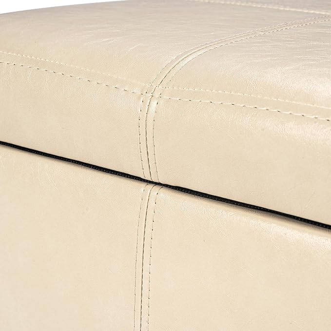 Adeco Faux Leather Cube Storage Ottoman, Beige Ottomans for Living Room, Bedroom