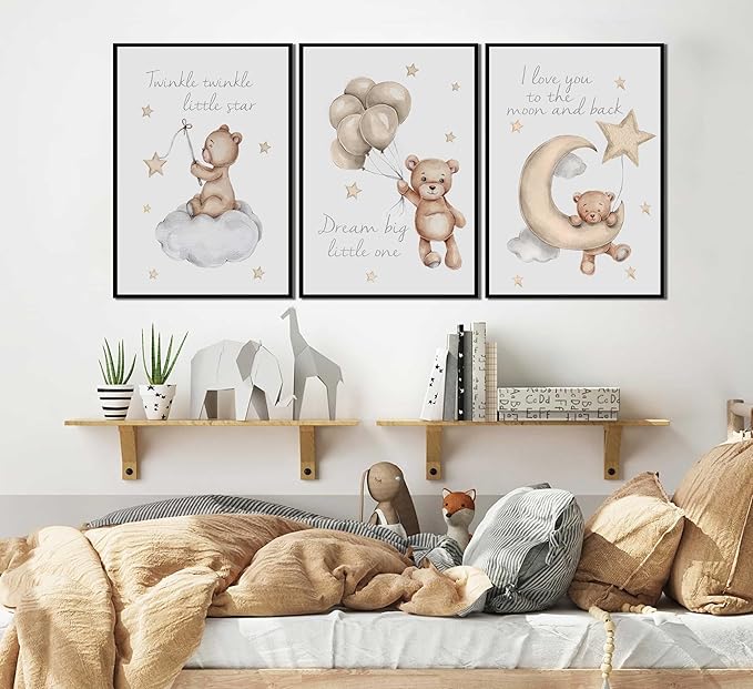 3Pcs Nursery Teddy Bear Wall Art Cute Little Bears Wall Decor Slepping Teddy Bears Posters Prints Moon Star Cloud Neutral Nursery Canvas Pictures for Kid's Room or Bedroom Painting Unframed