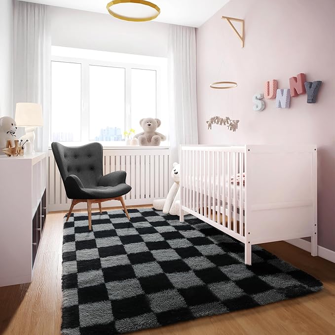 KICMOR Black and Grey Area Rug for Bedroom, 4x6 Fluffy Fuzzy Shag Checkered Rugs Shaggy Carpet for Living Room, Soft Plush Furry Bedside Rug for Kids Boys Room, Guest Room, Home Office Reading Nook
