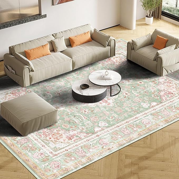 Vhong Washable Area Rugs Boho Vintage Modern Neutral Large Carpet Green and Pink High Traffic Rugs 9×12 for Dinning Room Living Room Bedroom Farmhouse Non Slip