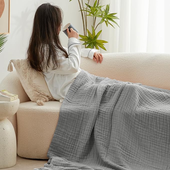 Love's cabin 6 Layer 100% Cotton Muslin Blanket, 60"x80" Twin Muslin Blanket for Couch Bed, Lightweight and Breathable Cotton Gauze for Adult, Medium Grey