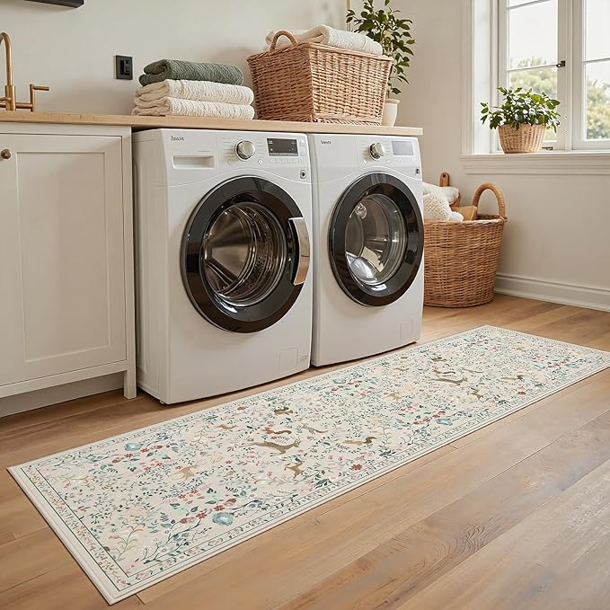 Runner Rug Washable Runners Kitchen Rugs Non Slip Animal Floral Carpet Low Pile for Indoor Hallways Entryway Living Room Bedroom Laundry Soft Mat 2'6''x8' Beige
