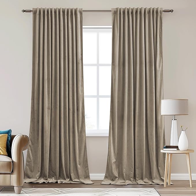 StangH Camel Beige Velvet Curtains 96 inches Long for Living Room, Back Tab Thermal Insulated Room Darkening Drapes for Farmhouse Decor Dining Room Divider, W62 x L96, 2 Panels