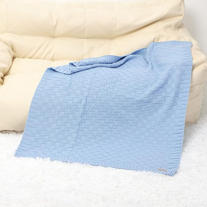 LAWKUL Baby Blanket Blue Cable Babe Blanket Checkered Knit Newborn Infants Soft Airy Receiving Swaddle Neutral Unisex 40"x30"