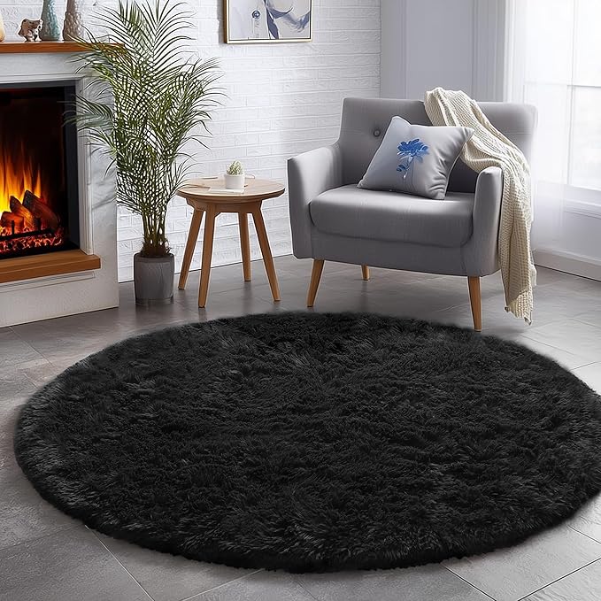 Black Round Rug 4Ft for Bedroom, Fluffy Circle Area Rugs for Living Room Decor Aesthetic, Shaggy Furry Circular Floor Carpet for Office Playroom Nursery Classroom, Modern Baby Kids Teen Boys Mens Rug
