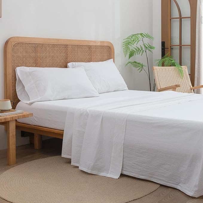 BESTOUCH Sheet Set 100% Washed Cotton Linen Feel Super Soft Comfortable Chic Lightweight 4 Pcs Home Bedding Set Solid Bright White King