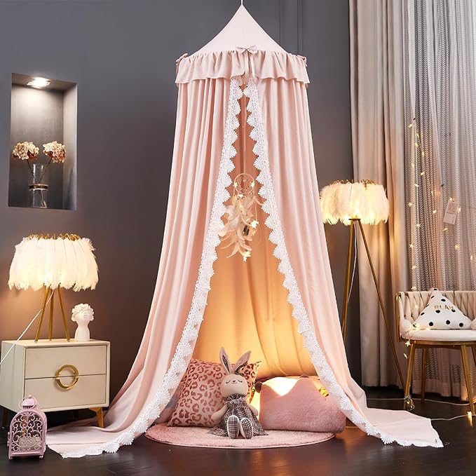 Kertnic Bed Canopy for Girls, Ruffled Soft Pink Princess Canopy Dreamy Bow Decor, Bed Canopies for Kids Room, Hanging Canopy Bedding Drapes Toddler Reading Nook Play Tent (Pink)