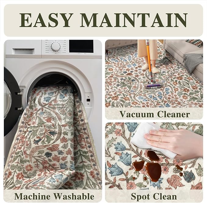 5x7 Washable Area Rug for Living Room, Floral Non-Slip Non-Shedding & Easy Care, Soft Low Pile Forest Boho Indoor Floor Carpet for Living Room, Bedroom, Farmhouse, Dining Room, Kids Playroom, Beige