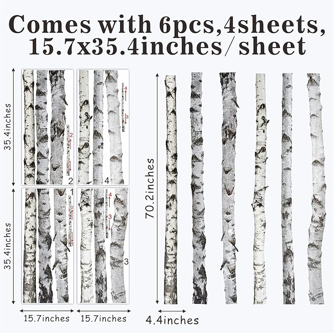 70 Inches Giant Tree Wall Decal White Birch Tree Wall Sticker Large Trees Decals Peel and Stick Woodland Forest Tree Sticker Nature Trees Stickers for Bedroom Nursery Living Room