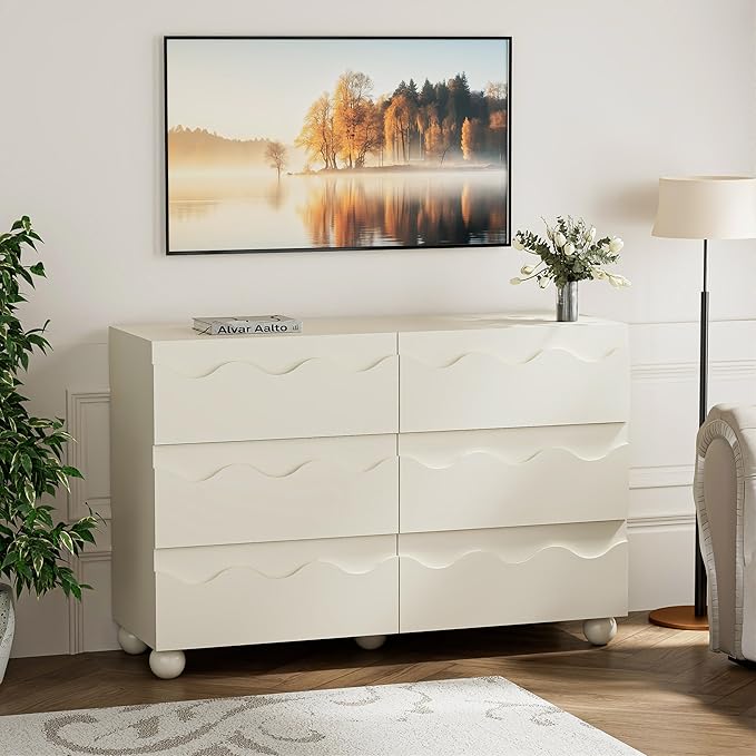 Anbuy Begie Scalloped Dresser for Bedroom with 6 Drawers, 47" Wide Modern Chest of Drawers with Hidden Handle, Wooden Dresser, Fluted Wood Closet Clothes Storage Organizer for Living Room, Hallway