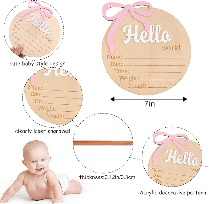 Hello World Birth Announcement - Bow Baby Girl Announcement Sign,Hello World Baby Girl Hospital Sign with Bow(Bow-1)