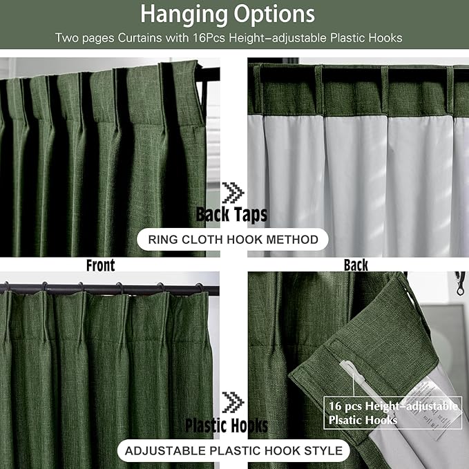 IVAPUPU Linen Pinch Pleated Blackout Curtains for Bedroom - Full Black Out Green Curtains 90 Inch 2 Panels Set for Living Room Darkening Thermal Window Curtain Drapes for Christmas Decor