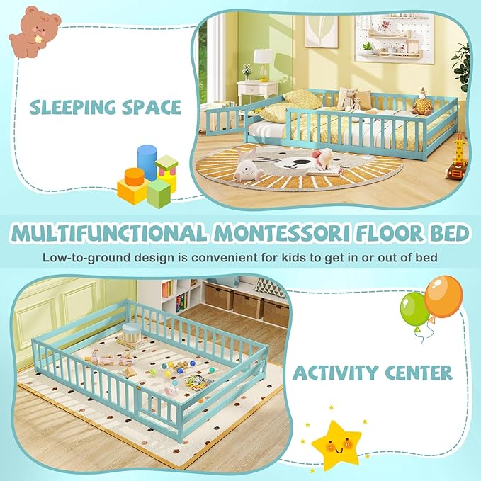 Giantex Full Floor Bed with Door & Fence, Kids Wood Montessori Beds with Safety Guardrails, Floor Bed Twin for Kids, Boys, Girls, No Box Spring Needed, ICY Aqua