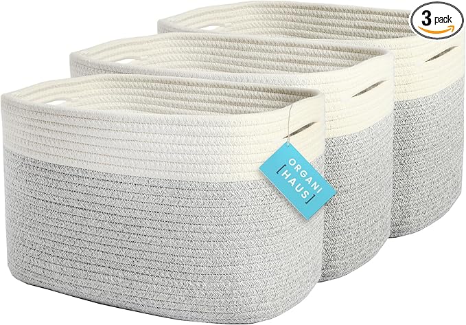OrganiHaus Set of 3 Woven Storage Baskets for Shelves, Decorative Organizer Bins for Closet & Bathroom, Multipurpose Home Organization Baskets, Toy Storage Basket - Gray/Off-White, 15x9x10 inches
