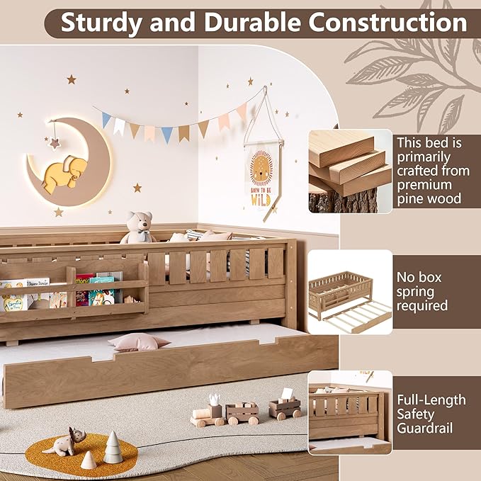 Bellemave Twin Bed with Trundle Twin and Stairs, Twin Size Platform Bed Frame with Fence and Bookshelf, Easy Assemble Beds for Kids, Girls, Boys, Natural