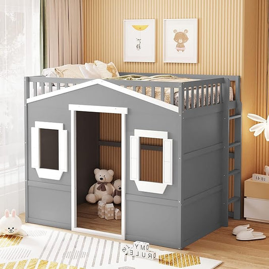 Full Size Loft Bed with Safety Guardrail for Kids Boys Girls, Playhouse Design Solid Wood Loft Bed Frame with Ladder and Windows, Strong Wood Slats Support, Space-Saving (Gray+White)