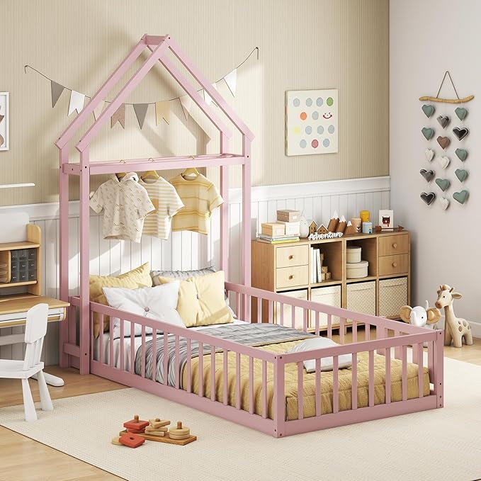 KOMFOTT Twin Size Floor Bed with House-Shaped Headboard, Kids Montessori Floor Bed with Detachable Clothes Hanger, Full Length Safety Guardrails, Door & Latch, Solid Wood Floor Bed Frame