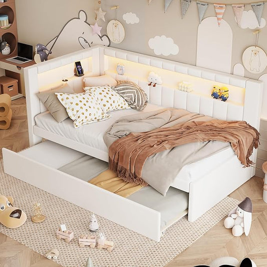 Twin Size Soft Daybed with Trundle, Storage Shelves and LED Belt, Linen Upholstered Corner Bed with L-Shaped Bookshelf Headboard and USB Charger for Kids Boys Girls, White