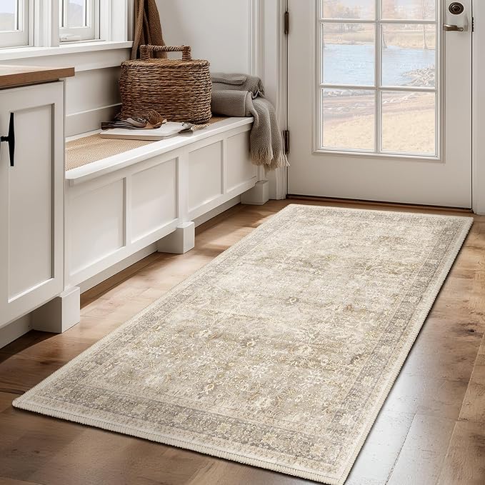 Vintage Beige 3x5 Entryway Rug Indoor Foyer, Neutral Earth Tone Throw Rug for Kitchen Bathroom, Machine Washable Non Slip Ultra Thin Area Rug for Nursery/Bedroom Bedside/Home Office/Dorm