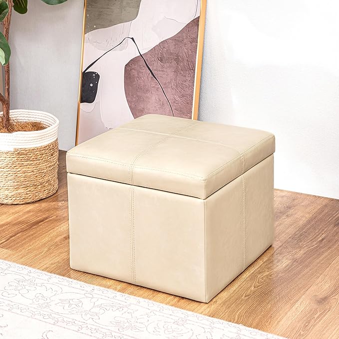 Adeco Faux Leather Cube Storage Ottoman, Beige Ottomans for Living Room, Bedroom