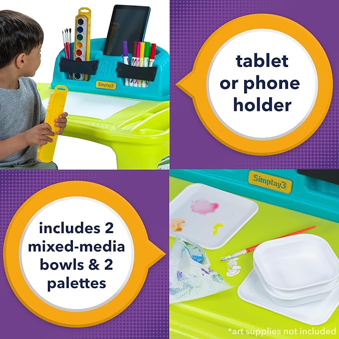 Simplay3 Creative Kids Art Desk Table and Chair Set with Attached Desk Chair, Full Floor and Art Storage