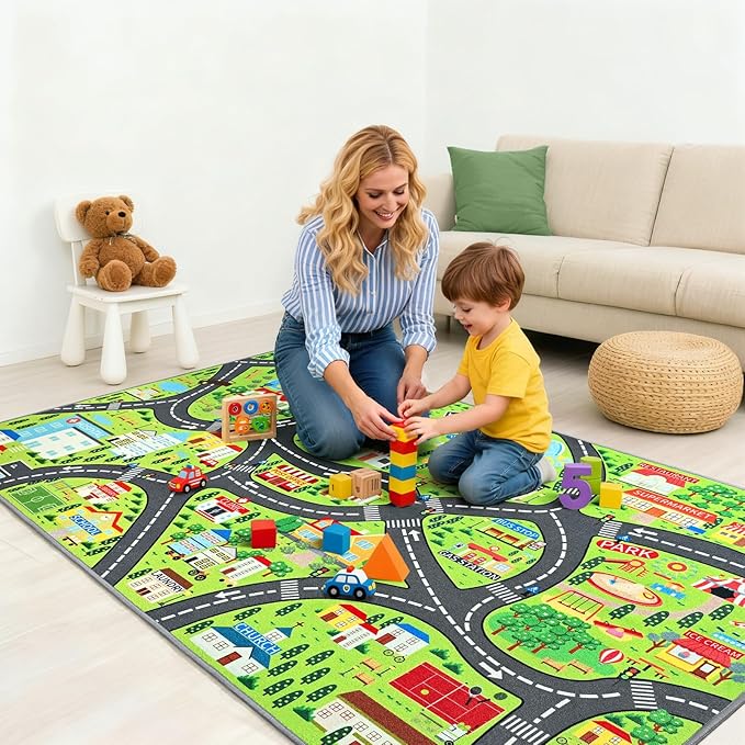 Community Helpers Play Rug – Educational Kids Carpet with Fire Station, School, Park & More for Learning and Play, Ideal for Playroom Classroom Bedroom Nursery, 60"x36"