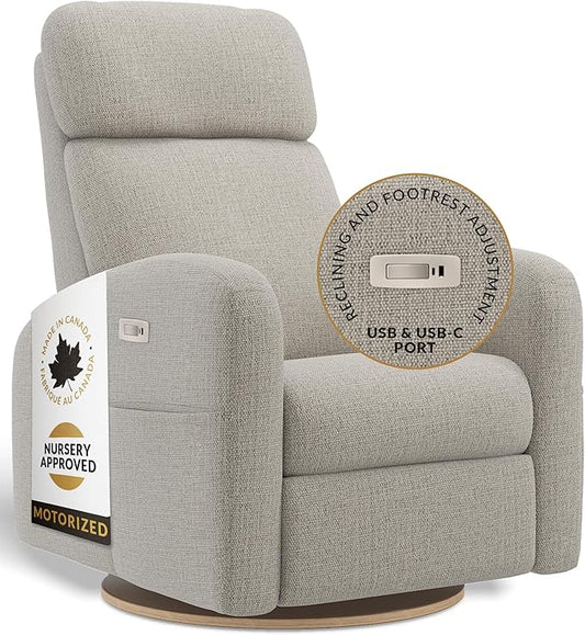 Jaymar Hailey Modern Nursery Glider Recliner Chair (Motorized) – Cozy Nursing Chair with 180° Swivel for New Parents, High Back & Low Armrests, Adjustable headrest, Canadian Made (Breather Driftwood)