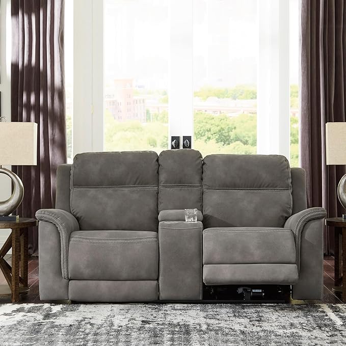 Signature Design by Ashley Next-Gen DuraPella Power Reclining Loveseat with Console & Adjustable Headrest, USB, Faux Leather, 76" W x 42" D x 42" H, Slate