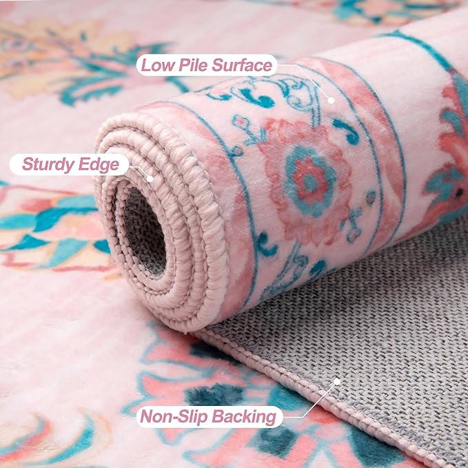 Tangsoo 4x6 Washable Area Rug, Non Slip Pink Floral Rug for Bedroom Girls Nursery Bedside, Soft Low Pile Floor Carpet Indoor Mat Cute Home Decor for Office Classroom Reading Corner Baby Teen Room