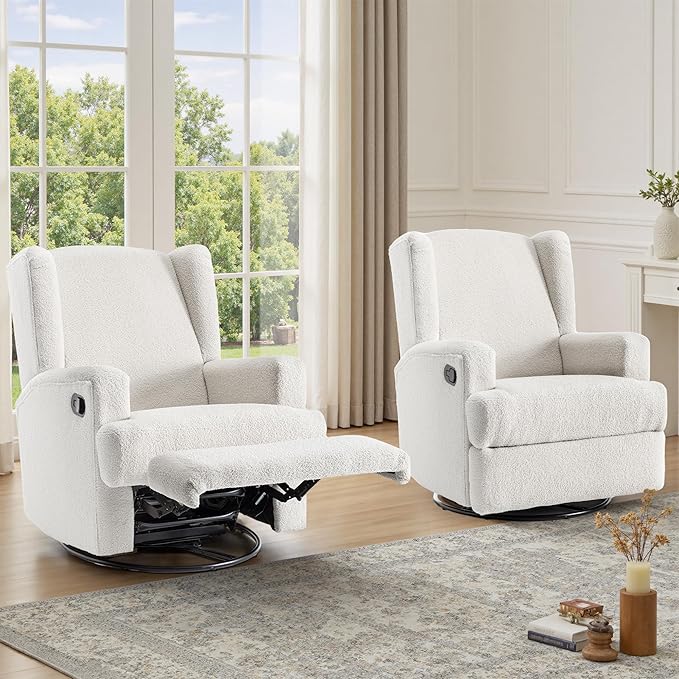 UIXE Swivel Glider Recliner Chairs Set of 2, Boucle High Back Accent Chair Nursery Rocker for Living Room, Upholstered Manual Reclining Sofa Seating with Deep Seat - Beige