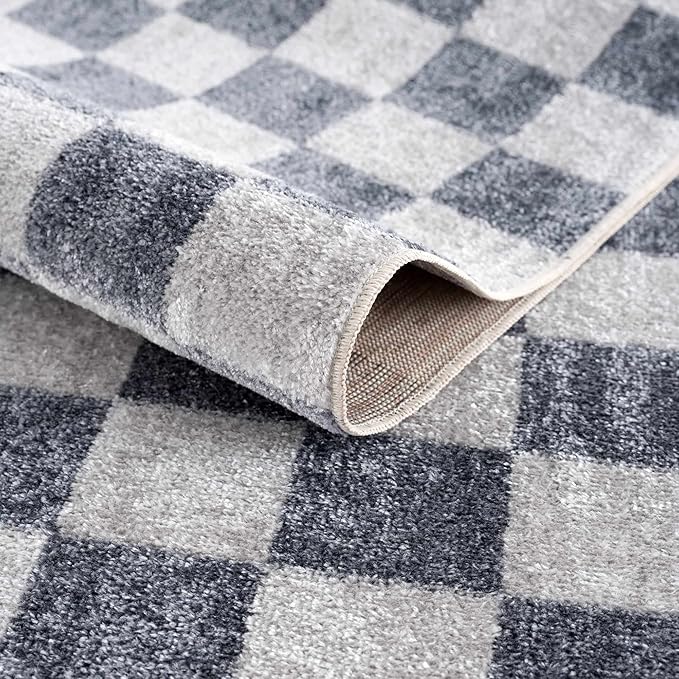 BoutiqueRugs Alia Gray Modern Checkered Area Rug - Contemporary Geometric Carpet for Hallway, Nursery, Playroom, Girls Boys Room - Machine Washable - Ivory, Blue, Gray - 9'2" x 12'