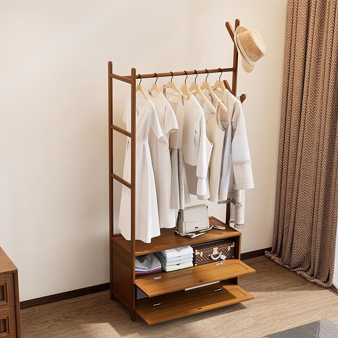 Clothing Rack with Shelves,Bamboo Clothes Rack,Tawny Clothes Rack Hanging,Drawers Hanging Racks,Garment Racks with Shelves (27.6inch Width Tawny)