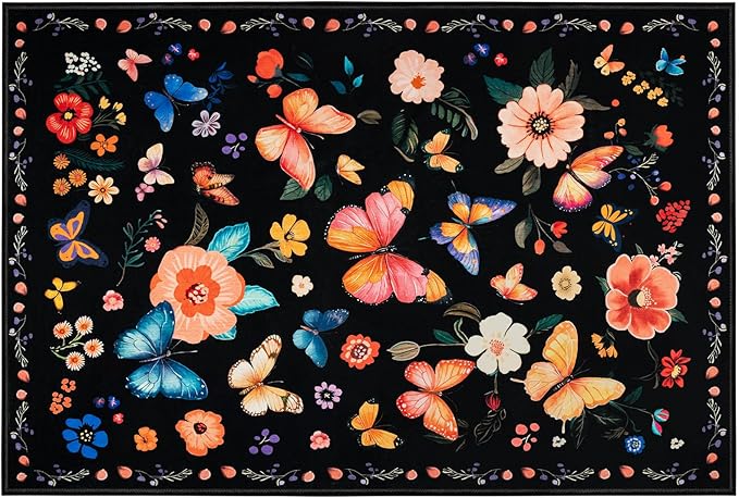 2x3 Machine Washable Area Rug, Non-Slip Small Vintage Floral Entryway Rug for Front Door, Low Pile Indoor Door Mat for Entryway, Bedroom, Dining Room & Kitchen(2x3 Black Floral)