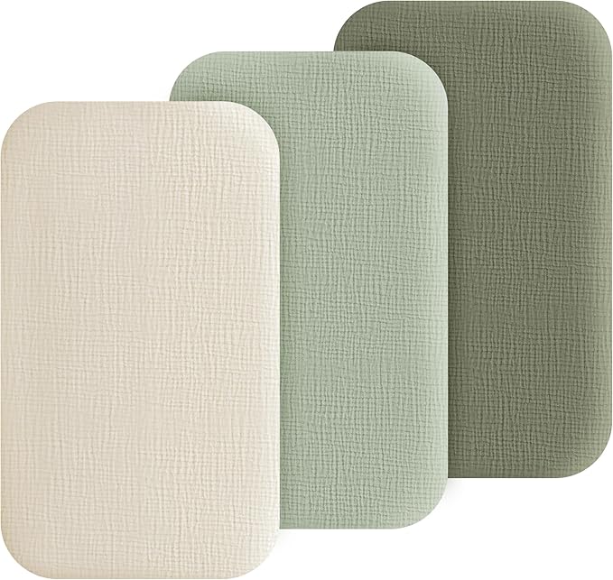 Muslin Bedside Sleeper Bassinet Fitted Sheets, 3 Pack Cotton Baby Sheet for Boys & Girls, Soft, Compatible with Baby Delight, Dream On Me, AMKE and Other Rectangle Mattress (Pistachio)
