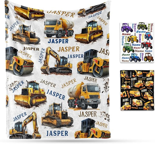 Ship Next Day, Personalized Truck Blanket - Printed in USA, Custom Name Blankets for Kids with Engineering Vehicle, Home Bedding Bed Decor, Fun Birthday Gift for Boys&Girls Women Man