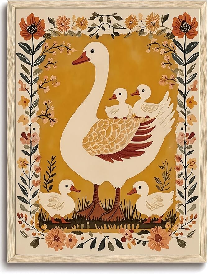 KISSFOX Framed Wall Art Nursery Wall Decor Yellow Duck Pictures Kids Cute Animal Canvas Art Boho Floral Paintings Artwork For Children Boys Girls Room Family Room