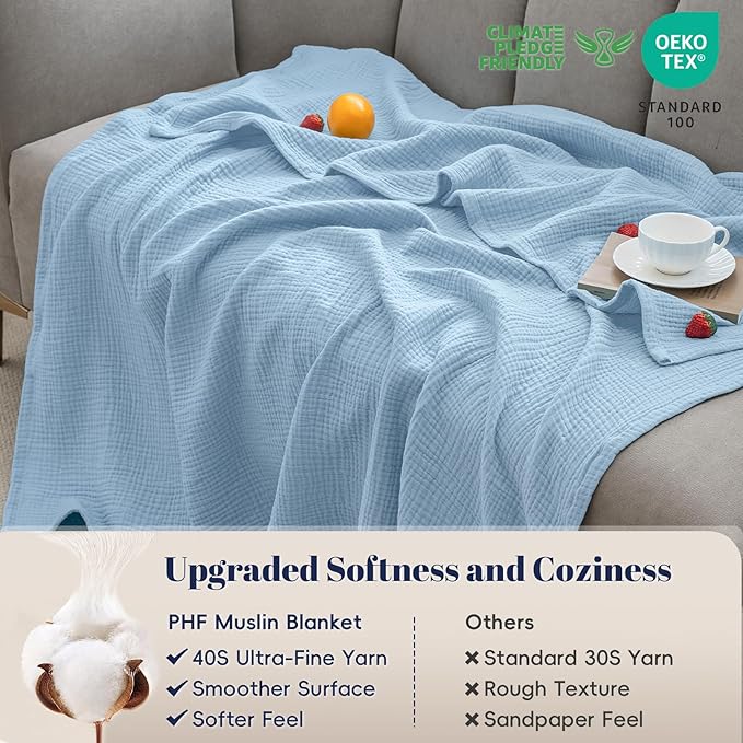 PHF 100% Cotton Muslin Throw Blanket 50" x 60", 4-Layer Lightweight Gauze Throw, Breathable Cloud-Soft Minimalist Blanket for Bed, Couch, Camping & Baby, Sky Blue, Ideal Gift