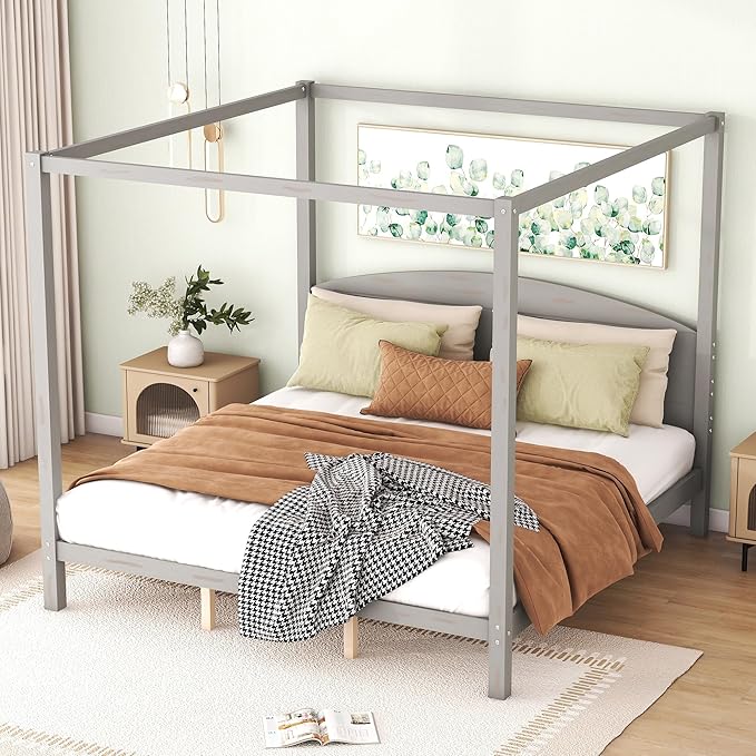King Size Canopy Platform Bed with Headboard and Support Legs,Bedroom Wood Bed Frame W/Space Saving,No Box Spring Required,for Girl Boy Kid,Adults,Grey Wash