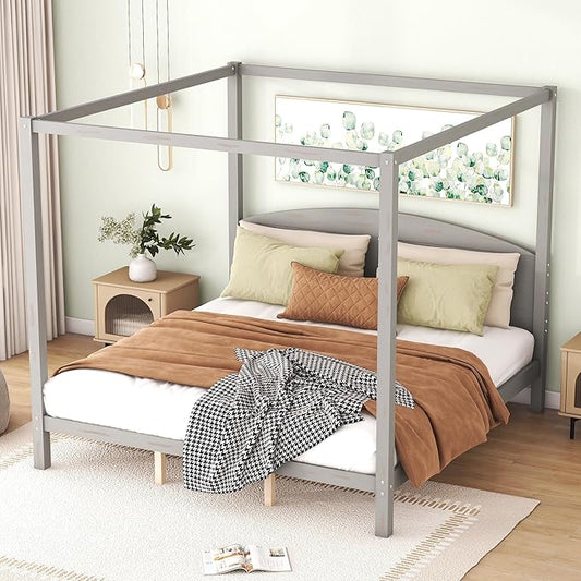 King Size Canopy Platform Bed with Headboard and Support Legs,Bedroom Wood Bed Frame W/Space Saving,No Box Spring Required,for Girl Boy Kid,Adults,Grey Wash
