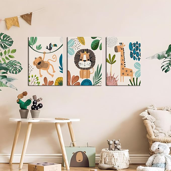 AKWISH Safari Jungle Nursery Wall Decor Set of 3 - Framed Animal Canvas Wall Art for Baby Room, Toddler Boy or Girl Bedroom, Cute Safari Themed Baby Nursery Decor 16x24in