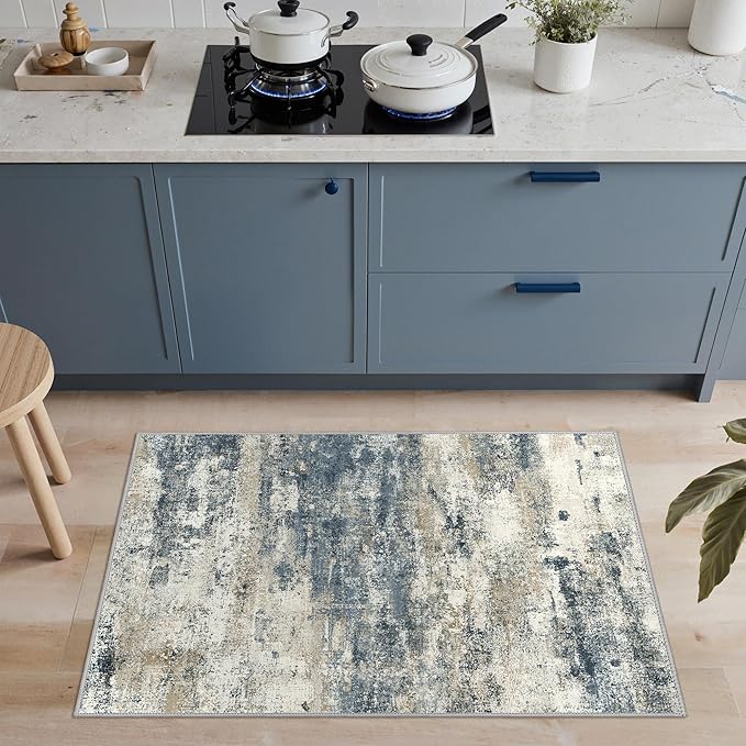 GENIMO 2x3 Rugs for Entryway, Washable Bathroom Kitchen Rugs Non Slip, Modern Abstract Soft Small Area Rug Indoor, Low Pile Throw Carpet, Navy Blue