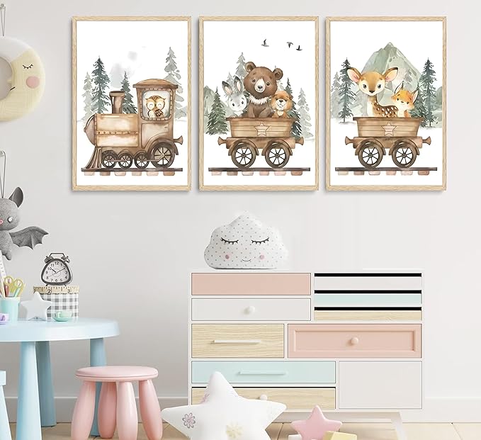 SZHUAAIC 3Pcs Woodland Animal Nursery Canvas Wall art Forest Wildlife Train Adventure Drawing Picture Wall Decor Fox Bear Deer Rabbit Owl Poster Printings for Boys Girls Room Home Decoration Unframed