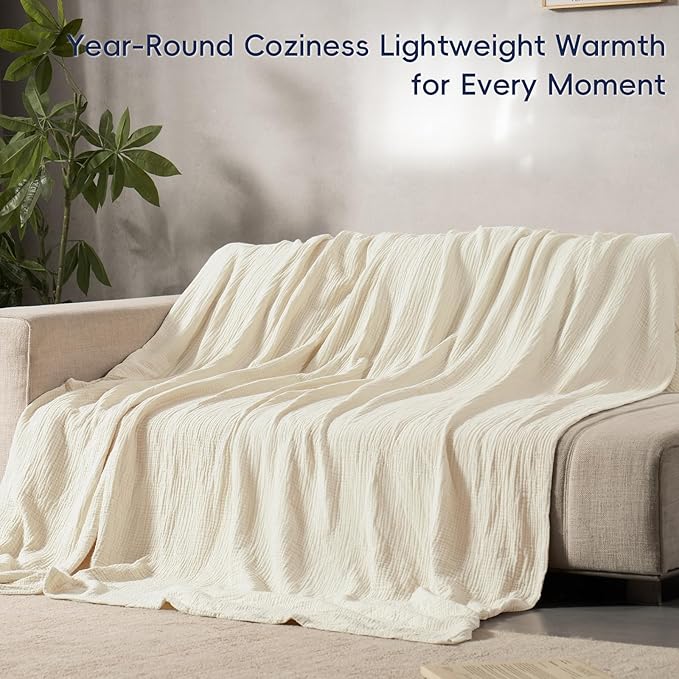 PHF 100% Cotton Muslin Blanket Queen Size 90"x90", 4-Layer Lightweight Gauze Throw, Breathable Cloud-Soft Minimalist Blanket for Bed, Couch, Camping & Baby, Birch, Ideal Gift