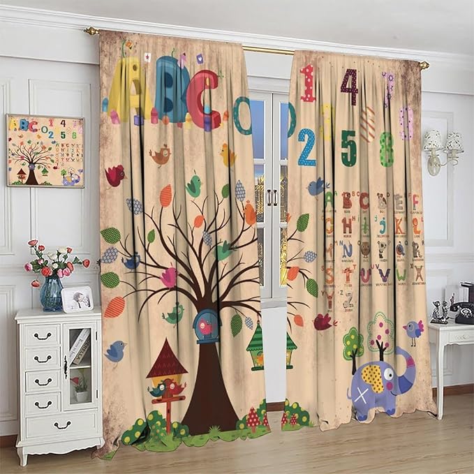 Animal Alphabet Numbers Tree Curtain Learning ABC Letters Birds Numbers Home Printed Rod Pocket Window Treatments for Bedroom Living Room Playroom Nursery 42" W X 54" L