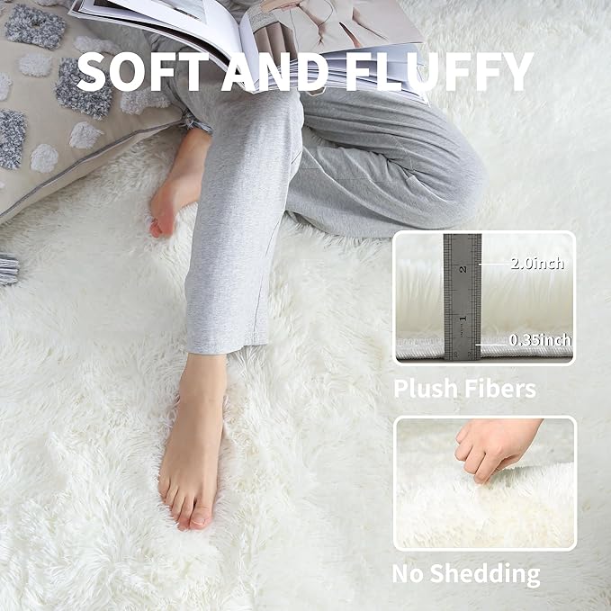 KCHOWUA Ceam White Fluffy Shag Large Area Rug for Living Room,5'x8' Machine Washable Furry Fuzzy Rugs for Bedroom,Modern Soft Shaggy Plush Cute Carpet for Kids Boys Girls Dorm Room Nursery,Ivory